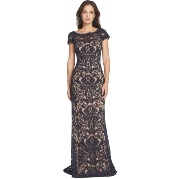 Tadashi Shoji Black Lace Boat Neck Cap Sleeve Full Length Evening Gown Women’s 2 - Picture 1 of 12